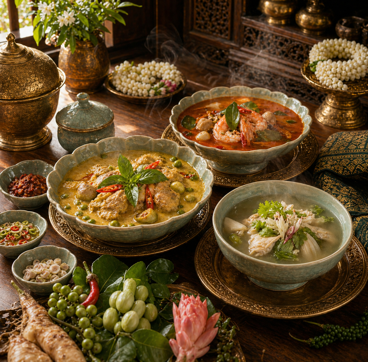 A selection of curry recipes and finished dishes from the cookbook