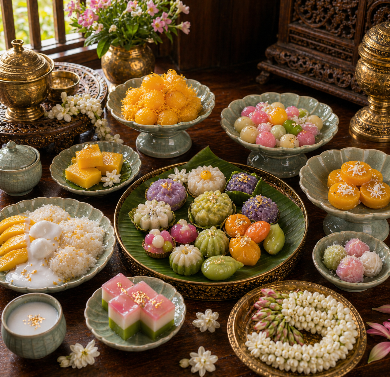 A selection of colorful Thai desserts from the cookbook