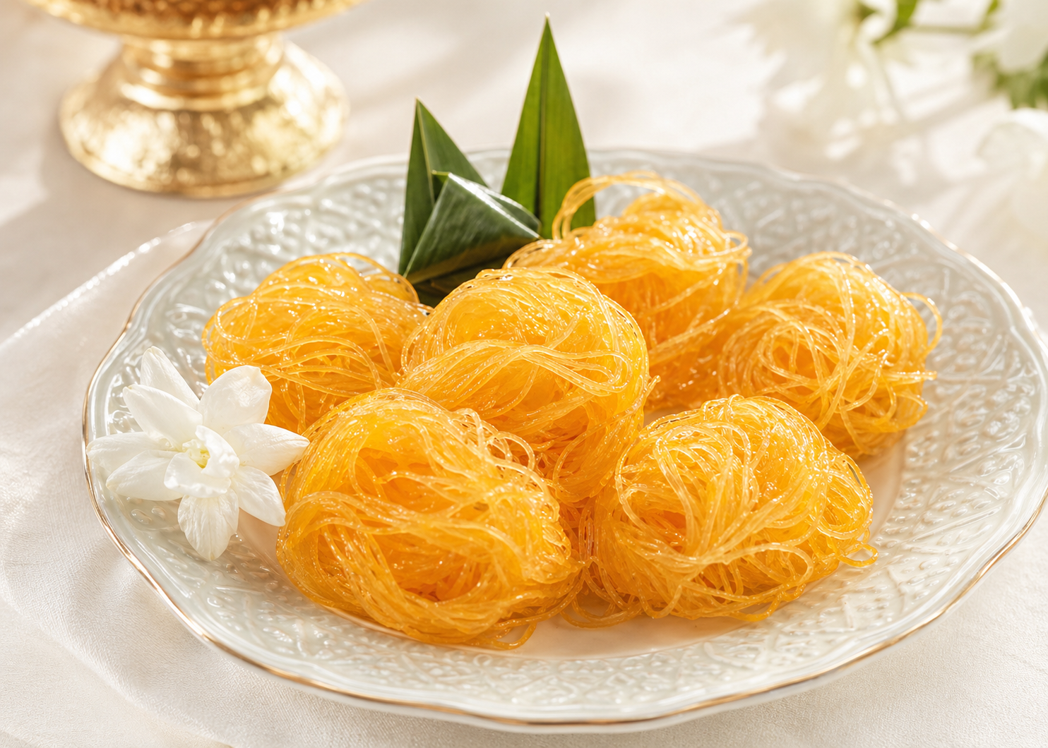 Foi thong strands arranged as a royal Thai dessert