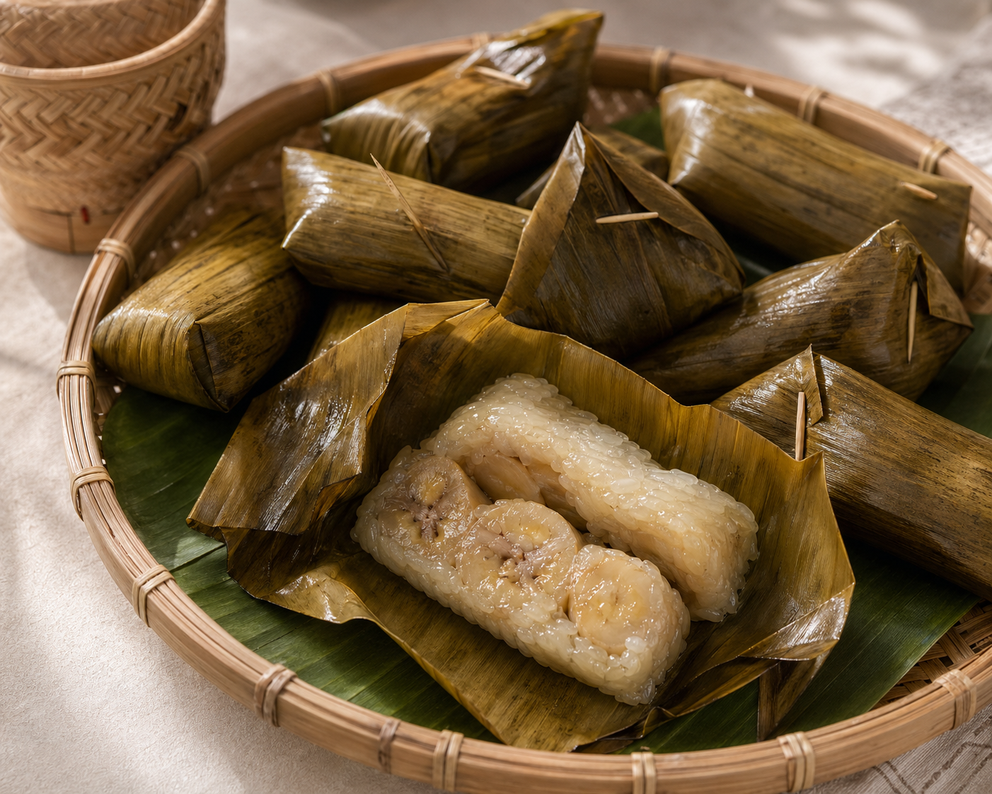 Khao tom mud wrapped in banana leaves