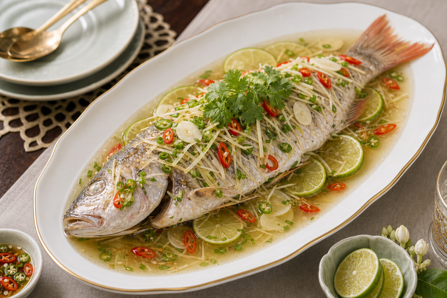 Pla nueng manao served with lime and herbs