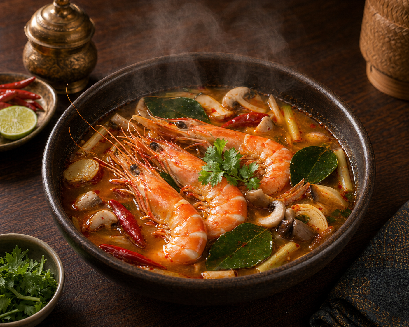 Tom yum goong with prawns and herbs